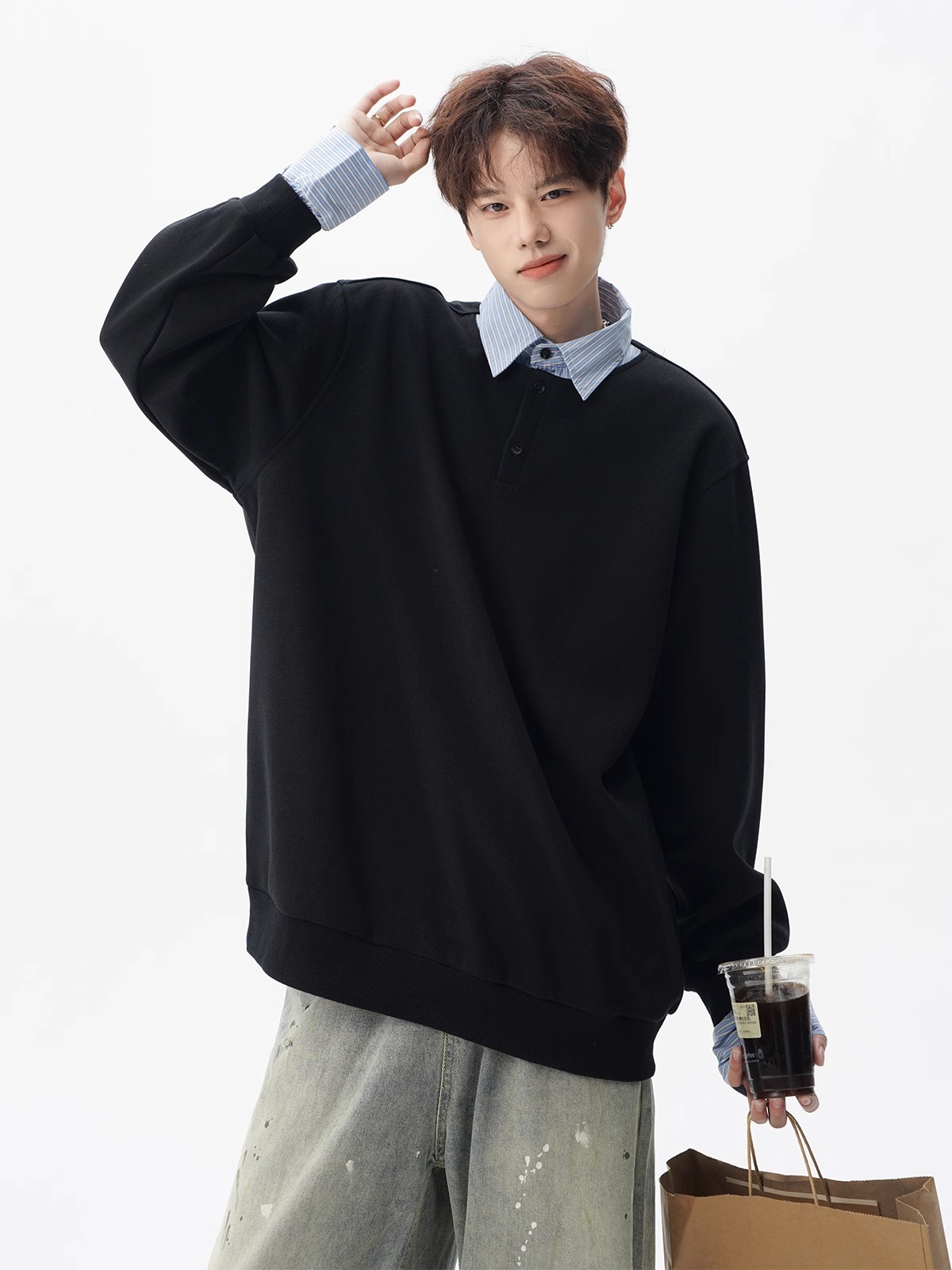 Japanese Man Lifestyle - Herrenbekleidung in Übergröße, Kapuzenpullover ohne Kapuze,